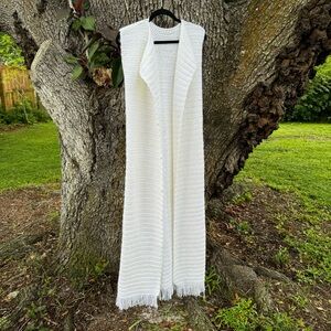 Vtg Hand Knit maxi open from fringe hem Boho sweater vest w/ buttons.Size L